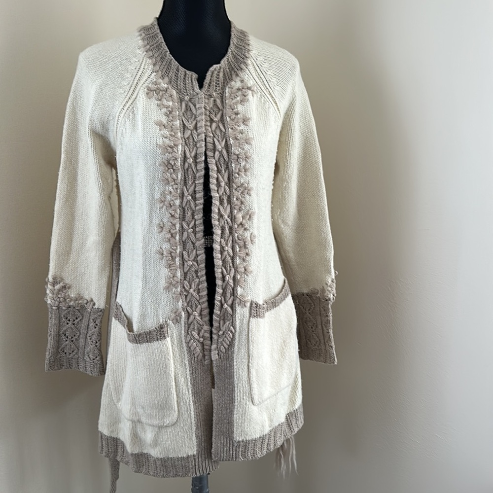 Angel Of The North Cream and Taupe Knit Cardigan Sweater